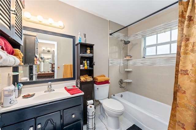 full bathroom with vanity, toilet, shower / tub combo, and tile patterned floors