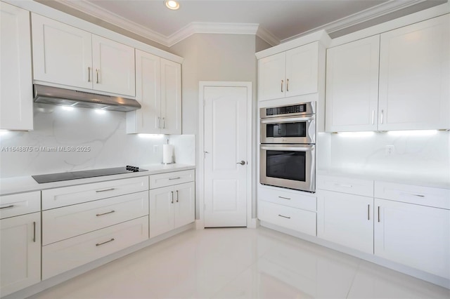 kitchen featuring backsplash, stainless steel double oven, black electric cooktop, light tile patterned floors, and white cabinetry