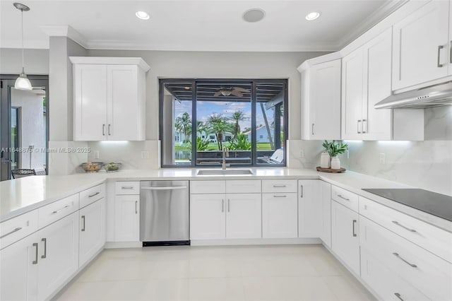 kitchen featuring dishwasher, decorative backsplash, white cabinetry, and sink