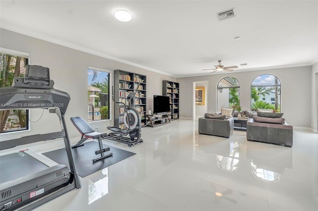 exercise area with crown molding, plenty of natural light, ceiling fan, and tile patterned flooring