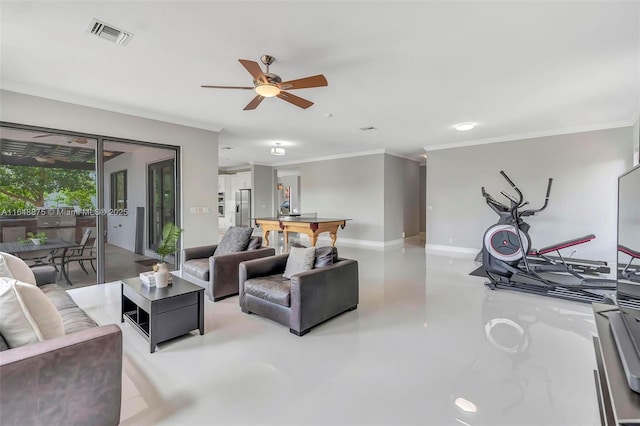 living room featuring ceiling fan and ornamental molding