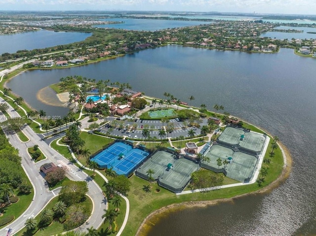 bird's eye view with a water view