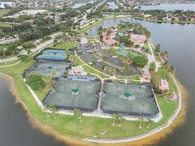 aerial view featuring a water view