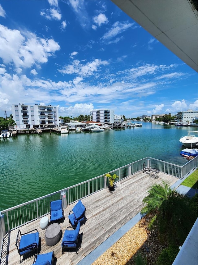 view of dock with a water view