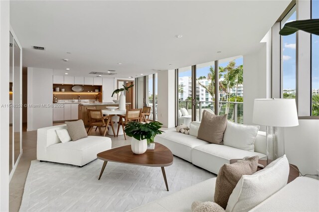 living room with floor to ceiling windows, a wealth of natural light, and sink