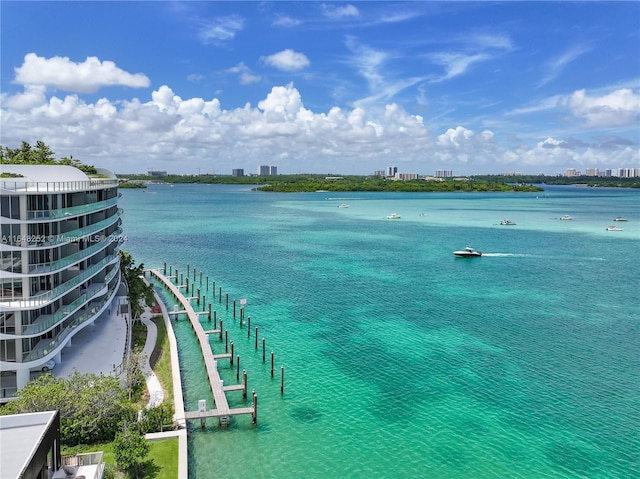 water view featuring a dock