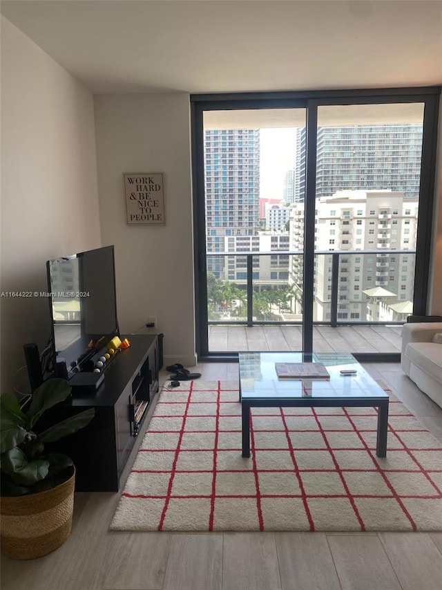 living room featuring floor to ceiling windows and light wood-type flooring