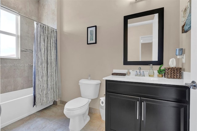 full bathroom with tile patterned flooring, vanity, toilet, and shower / bathtub combination with curtain