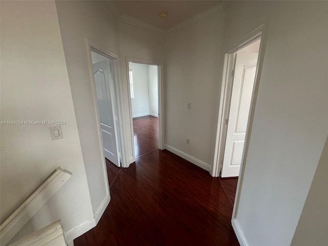 hallway featuring ornamental molding and dark hardwood / wood-style floors