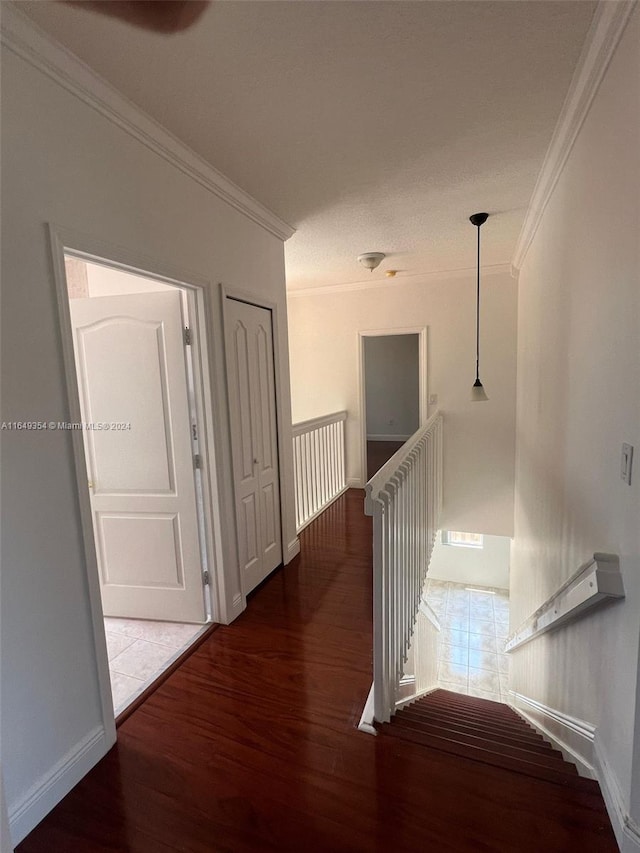 hall featuring crown molding and dark hardwood / wood-style flooring