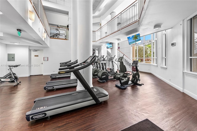 gym with hardwood / wood-style flooring and a towering ceiling