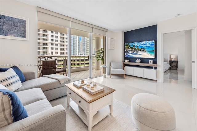 tiled living room with expansive windows