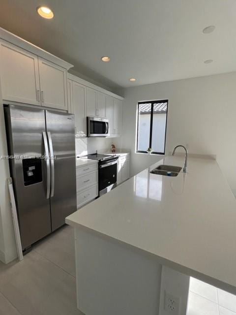 kitchen featuring stainless steel appliances, sink, kitchen peninsula, and white cabinets