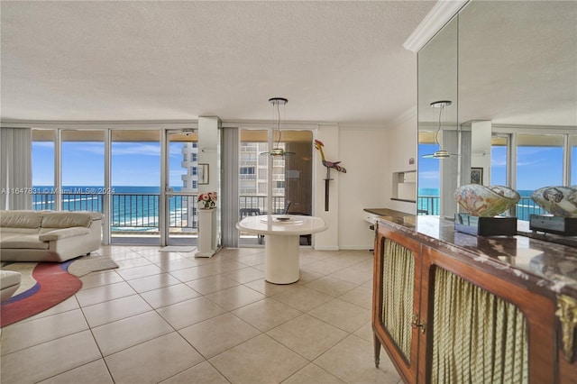 interior space featuring a healthy amount of sunlight, ornamental molding, a wall of windows, and a water view