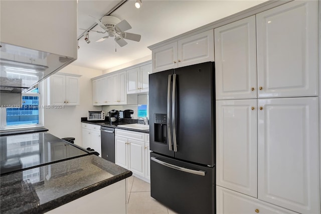 kitchen with white cabinets, refrigerator with ice dispenser, ceiling fan, and dishwasher