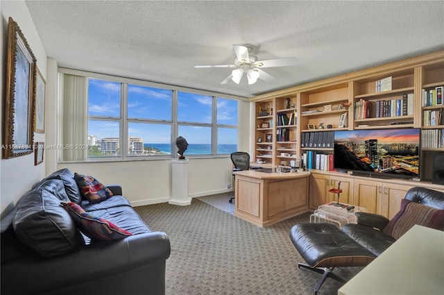 carpeted office space with a textured ceiling, plenty of natural light, and ceiling fan