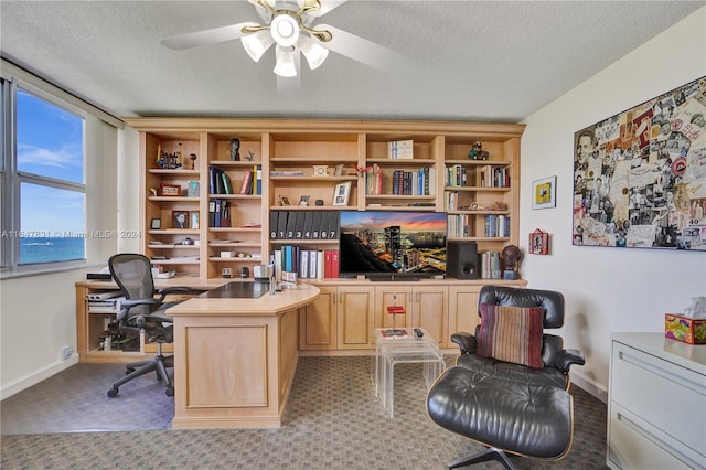 office space with a water view, carpet flooring, ceiling fan, and a textured ceiling