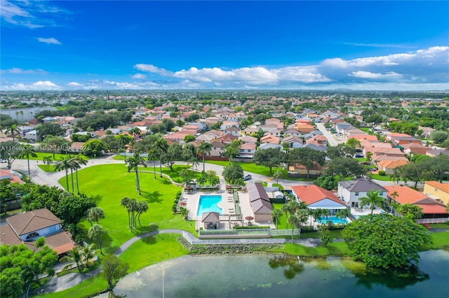 drone / aerial view featuring a water view