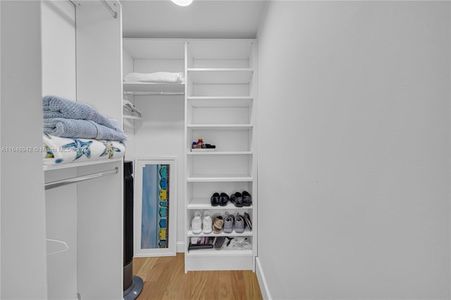 walk in closet with light hardwood / wood-style flooring