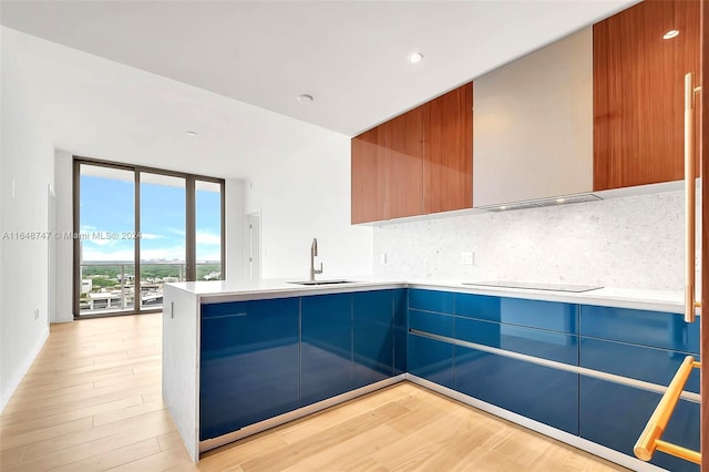 kitchen with sink, kitchen peninsula, light hardwood / wood-style flooring, backsplash, and black electric cooktop