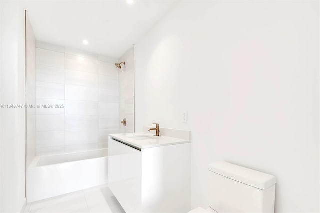 full bath with  shower combination, tile patterned flooring, vanity, and toilet