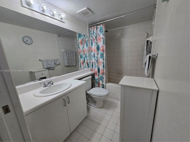 full bathroom with tile patterned flooring, vanity, shower / bath combination with curtain, and toilet