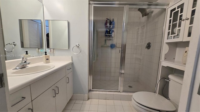 bathroom featuring an enclosed shower, vanity, tile patterned floors, and toilet