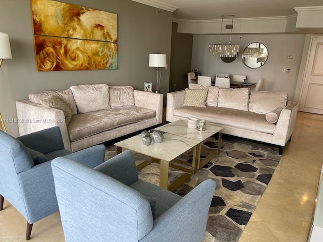 living room with crown molding, an inviting chandelier, and tile patterned floors