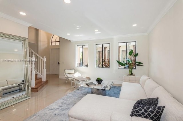 tiled living room featuring crown molding