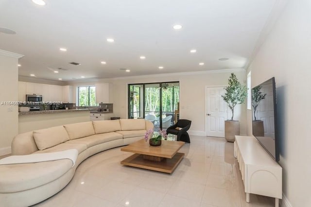 living room featuring sink and crown molding