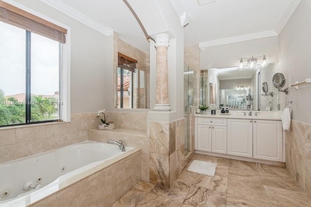 bathroom featuring vanity, plus walk in shower, crown molding, and decorative columns