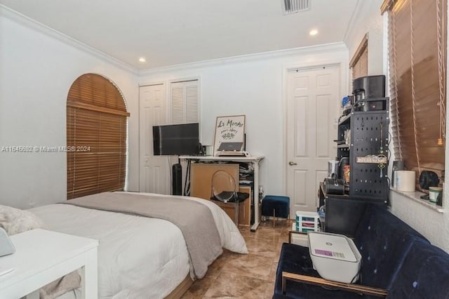 tiled bedroom featuring ornamental molding