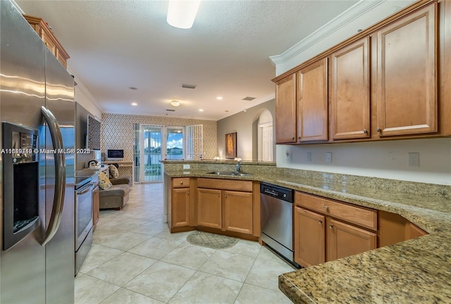 kitchen with a peninsula, light stone countertops, open floor plan, a sink, and appliances with stainless steel finishes