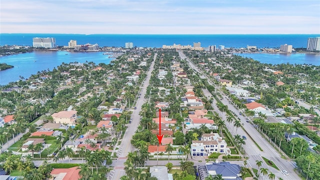 aerial view featuring a water view