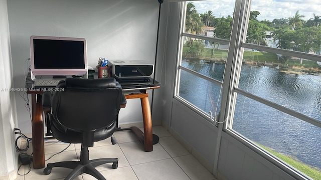 tiled office with a water view