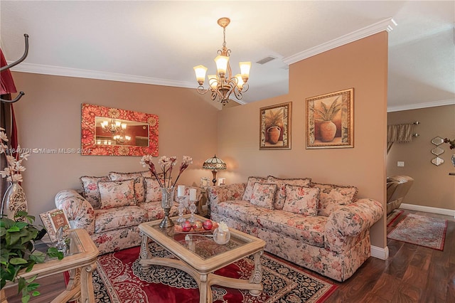 living room with crown molding, dark hardwood / wood-style floors, and a chandelier