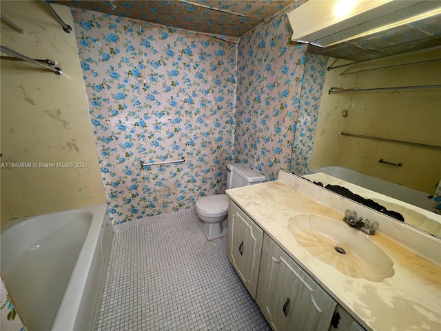 full bathroom with bathtub / shower combination, tile patterned flooring, toilet, and vanity