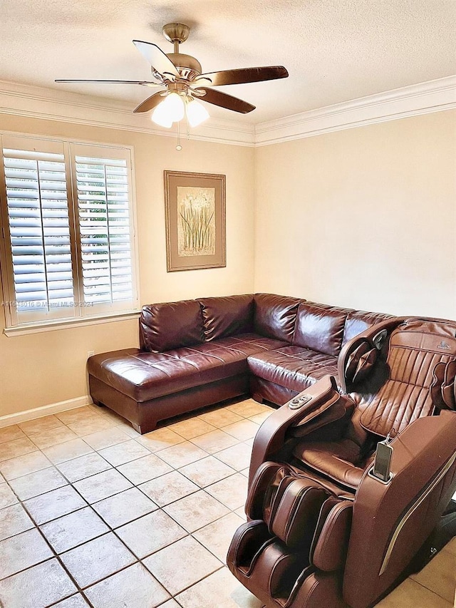 tiled living room featuring ceiling fan, crown molding, and a textured ceiling