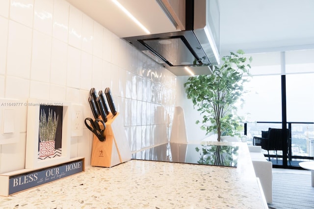 kitchen with white cabinetry, exhaust hood, and light stone countertops