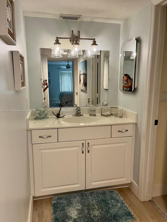 bathroom with hardwood / wood-style flooring, a textured ceiling, and vanity