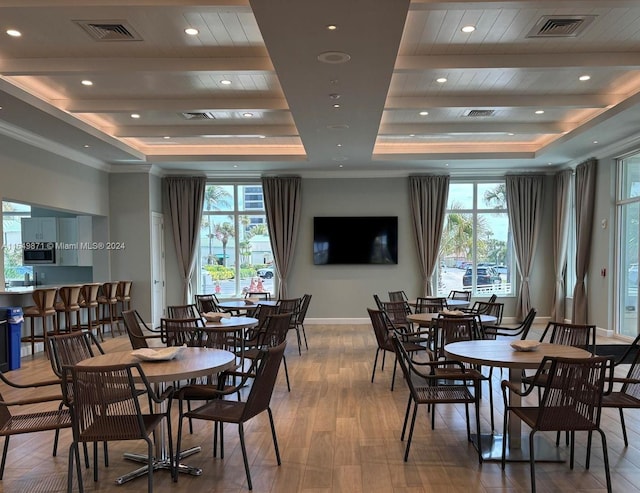 dining room featuring a tray ceiling, a wealth of natural light, and hardwood / wood-style floors