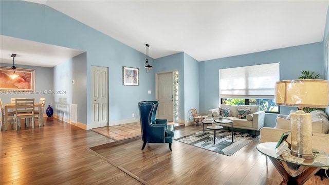 living room with vaulted ceiling and wood-type flooring