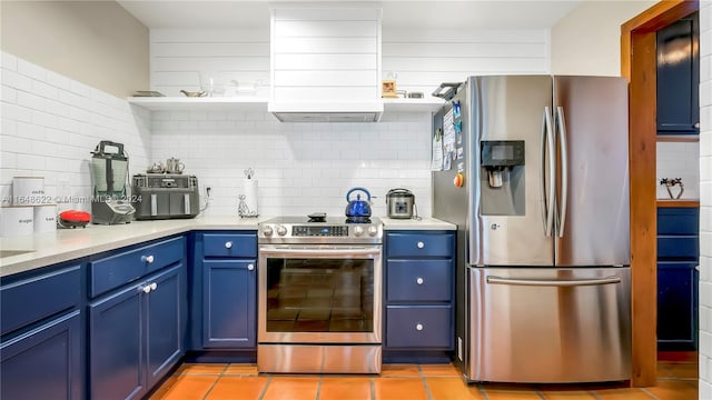 kitchen featuring appliances with stainless steel finishes, backsplash, and blue cabinetry