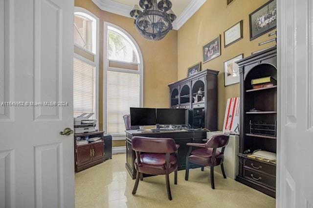 carpeted office space with crown molding and an inviting chandelier