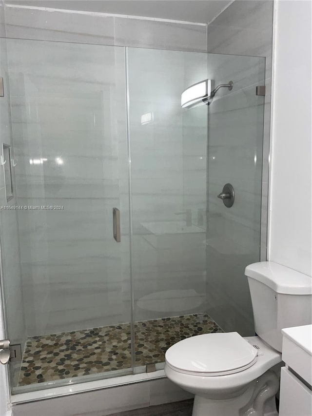 bathroom featuring vanity, toilet, and a shower with shower door