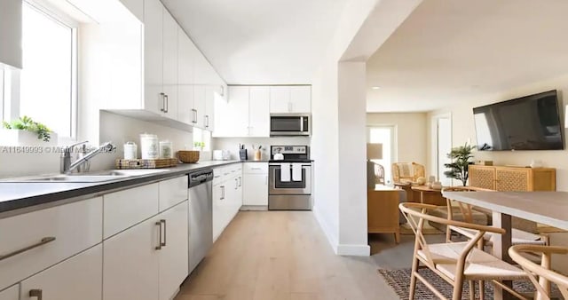 kitchen with white cabinets, stainless steel appliances, light wood-type flooring, a wealth of natural light, and sink