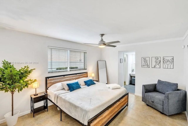2210 N 54th Ave, Hollywood, FL 33021 - bedroom with light tile patterned floors, ceiling fan, baseboards, ornamental molding, and ensuite bathroom