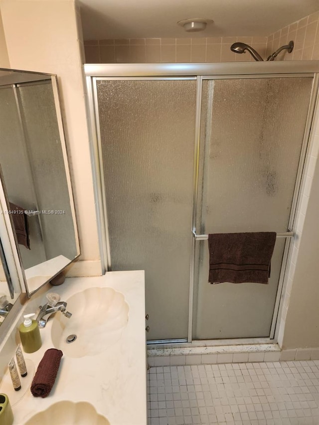 bathroom featuring vanity and an enclosed shower