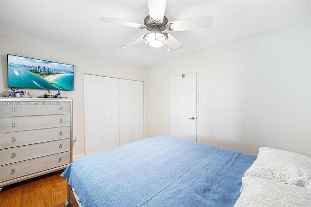 bedroom featuring a closet, ceiling fan, and hardwood / wood-style floors