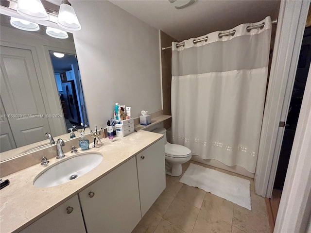 full bathroom with shower / bath combo, tile patterned flooring, toilet, and vanity